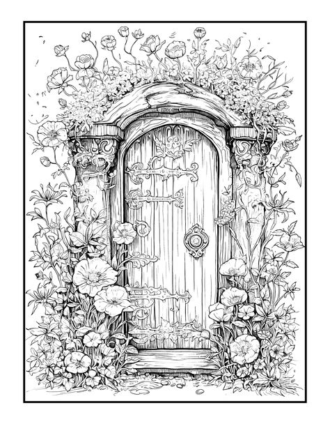 Enchanted tree mushroom doors with flowers and forest fairy tales coloring book... #fairycoloringbook #coloringbook #coloringbooks #coloringbookreview #coloringbookshare #coloringbooksforgrownups #coloringbooksofinstagram #coloringbookrevolution #coloringbookaddict #coloringbookart #printablecoloringbook #christmascoloringbooks #halloweencoloringbook Doors With Flowers, Enchanted Forest Illustration, Mushroom Coloring, Nature Sketchbook, Mystical Nature, Forest Coloring Pages, Cottage In The Forest, Magical Fairies, Grayscale Coloring Pages For Adults