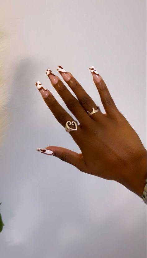 Brown Geometric Nails, Pandas, Brown Nails Cow Print, Brown And Cream Acrylic Nails, White And Brown French Nails, Cow Spot Nails, Brown Nails With White Design, Rodeo Inspired Nails, Minimalist Brown Nails