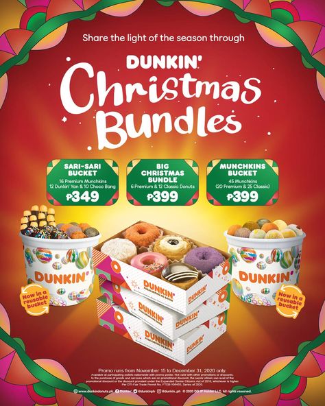 Dunkin’ Donuts – Christmas Bundles Promo Christmas Promo Poster, Dunkin Christmas, Nibbles Ideas, Christmas Veggie Tray, Dunkin Donuts Iced Coffee, Christmas Promo, Christmas Cheese, Diy Food Gifts, Christmas Bucket