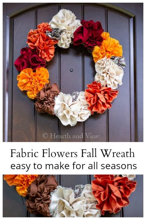 Learn how you can easily make this fabric flower fall wreath by using strips of scrap material or cheap remnants from the fabric store. #diy  #diyhomedecor #falldecor #flowers #wreath Flower Fall, Easy Fall Wreaths, Flowers Wreath, Material Wreaths, Scrap Fabric Projects, Fabric Wreath, Rag Wreath, Scrap Material, Fabric Flowers Diy