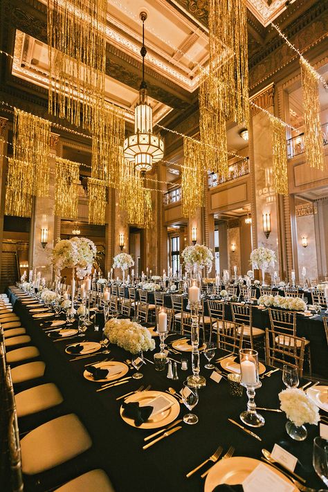 Theme For Formal Event, Great Gatsby Venue Decor, Great Gatsby Wedding Table Setting, Prom Themes Roaring 20s, Gatsby Themed Wedding Decor, Black White Gold Prom Theme, Great Gatsby Wedding Decor, Prom Themes Great Gatsby, Black And White Formal Wedding Decor