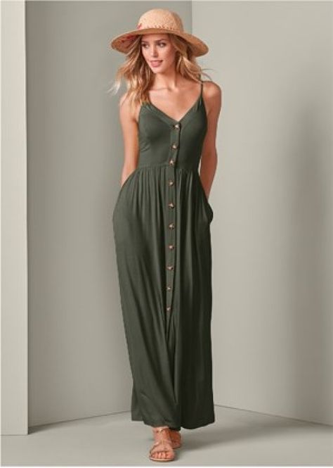 Olive Dresses, Button Front Maxi Dress, Venus Fashion, Summer Wardrobe Staples, Venus Swimwear, Formal Dress Shops, Fitted Maxi Dress, Venus Dresses, Green Maxi