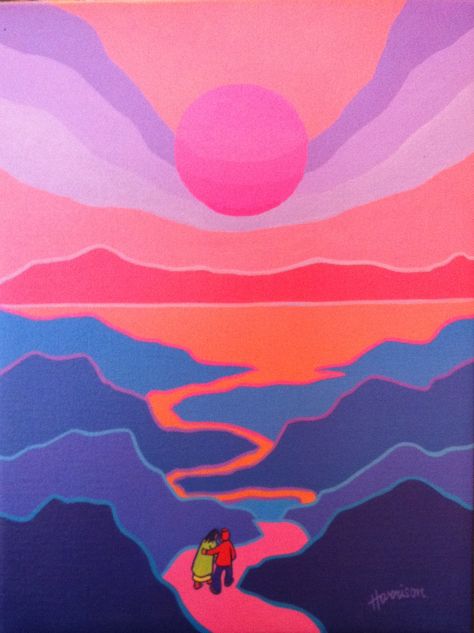 /Love In The Midnigh tSun. Ted Harrison. Canada Ted Harrison Paintings, Pop Art Painting Landscape, Ted Harrison Landscapes, Colourful Pop Art, Pop Art Landscape Paintings, Indigenous Painting Ideas, Circle Landscape Painting, Indigenous Art Canada, Ted Harrison Art For Kids