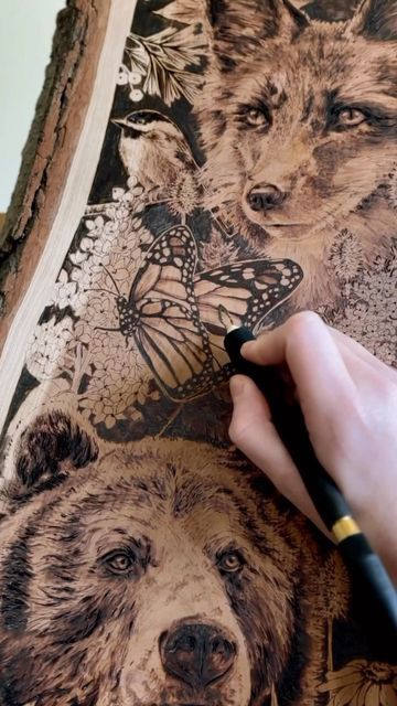 Expression Arts on Instagram: "Artist @hippienorth" Pyrography Ideas Inspiration, Beginner Wood Burning Projects, Woodburning Art, Beginner Wood Burning, Pyrography Designs, Wood Burning Tips, Woodburning Ideas, Wood Burning Patterns Stencil, Wood Burning Stencils