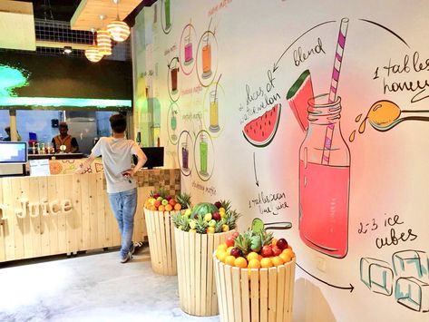 Juice Shop Design Interiors, Juice Ideas Design, Juice Shop Design, Fresh Juice Bar, Juice Bar Interior, Canteen Design, Juice Cafe, Juice Bar Design, Juice Shop