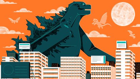 ‘Godzilla: King of the Monsters’ and a Japanese Phenomenon Godzilla Illustration, Godzilla City, Japan For Kids, Illustration Reference, Dragon Illustration, City Illustration, Illustration Style, Movie Monsters, Freelance Illustrator