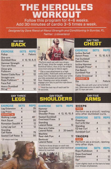 The Hercules Workout (from M&F, Sept. 2014) Hercules Workout, Dwayne Johnson Workout, The Rock Workout, Bolesti Chrbta, Trening Sztuk Walki, Gym Antrenmanları, Model Citizen, Weekly Workout Plans, Fitness Routines