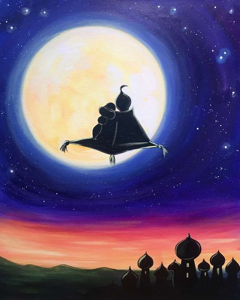 Aladdin Canvas Painting, Aladdin Painting Easy, Aladdin Paintings, Magic Carpet Drawing, Paint And Sip Ideas Step By Step Easy, Up Painting Disney, Arabian Nights Painting, Magical Painting Ideas, Disney Paintings On Canvas