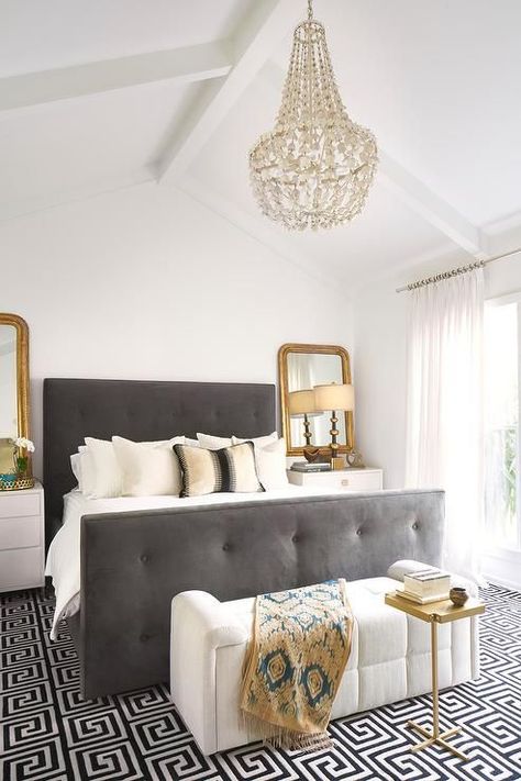 a creamy and grey bedroom is glammed up with brass touches Poshish Bed Design, Stylish Bed Design, Black White And Gold Bedroom, White Gold Bedroom, Grey And Gold Bedroom, Design Bedroom Ideas, Black And Grey Bedroom, Gold Bedroom Decor, Stylish Bed