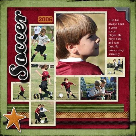 Soccer Scrapbook Ideas, Multiple Photo Scrapbook Layouts, Gymnastics Layout, Scrapbook Layouts Multiple Pictures, Sports Layout, Snow Pics, Sport Ideas, Scrapbooking Sports, Bridal Shower Scrapbook