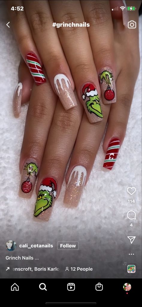 Grinch Christmas Acrylic Nails, Green And Red Christmas Nails Gold Glitter, Cute Winter Nail Ideas Simple, Xmas Nails Grinch, Grinch Gel Nail Designs, Christmas Nail Grinch, Nail Ideas Xmas, Grinch Nails Designs Acrylic, Teal Plaid Nails