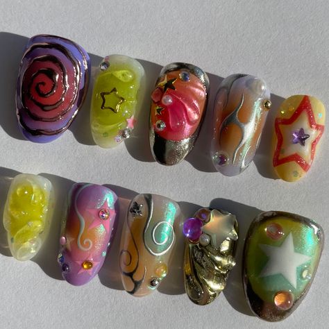 Eclectic Acrylic Nails, Gel Nails With Stickers, Short Nail Designs Maximalist, Silly Nail Designs, Weird Core Nails, Whimsy Nails, Aura Gel Nails, Fun Acrylics, Eccentric Nails