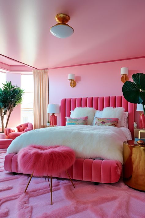 Barbie Pink Interior Design, Barbiecore Bedroom Aesthetic, Small Colourful Bedroom Ideas, Hot Pink Bed Frame, Hot Pink Bedroom Ideas For Adults, 70s Pink Bedroom, Barbiecore House Decor, Hot Pink Furniture Bedroom, Maximalism House Decor