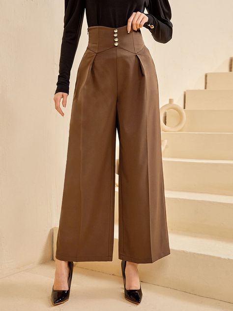 Mocha Brown Elegant Collar  Polyester Plain Wide Leg Embellished Non-Stretch Spring/Summer/Fall Women Bottoms Cottagecore Fashion Pants, Plus Size High Waisted Pants, High Waisted Tie Pants, High Waisted Pleated Pants, Wide Leg High Waist Pants, Winter Wedding Guest Dress, High Waisted Dress Pants, Square Pants, Brown Dress Pants