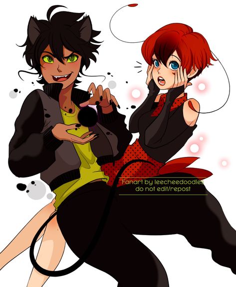 Human Plagg and Tikki | Miraculous | Art belongs to it's rightful owner! Human Version Of Cartoons, Marichat Fanart Cute, Human Plagg, Cat Noir Fanart, Tikki Miraculous, Tikki And Plagg, Tikki Y Plagg, Human Version, Ladybug Art