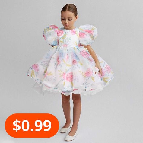 Girls Fashion Casual Puff Sleeve Princess Dress Flower Girl Outfit, White Tulle Dress, Birthday Tutu Dress, Girls White Dress, Printed Casual Dresses, White Flower Girl Dresses, Tulle Flower Girl, White Dress Party, Women Long Sleeve Dress