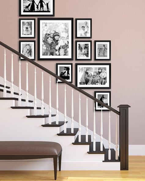 Black And White Photo Wall Staircase, Pink Staircase Wall, Family Photo Wall Collage Stairway, Photographs On Wall Ideas, Photo Arrangements On Wall Stairs, Wall Of Memories Display Ideas, Black And White Picture Wall Stairs, Staircase Picture Gallery, Photo On Wall Ideas