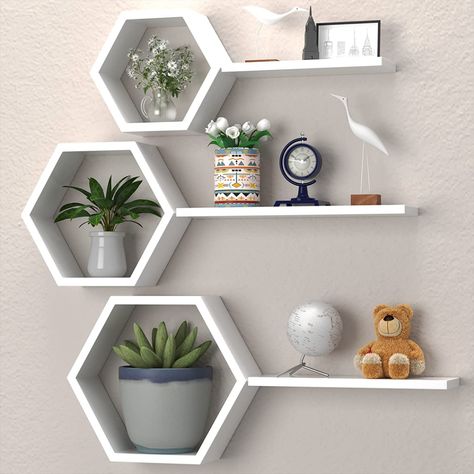 Install our honeycomb shelf decor in your home and office, it will look great and give your walls the style of a professional magazine shoot. Let the geometric wall shelves add simple elegance and unmistakable style to your room design! Honeycomb Shelves Decor, Honeycomb Shelves, Shelf Decor Living Room, Diy Room Decor For Teens, Modern Wall Shelf, Hexagon Shelves, Paper Wall Hanging, Wall Shelf Decor, Wall Shelves Design