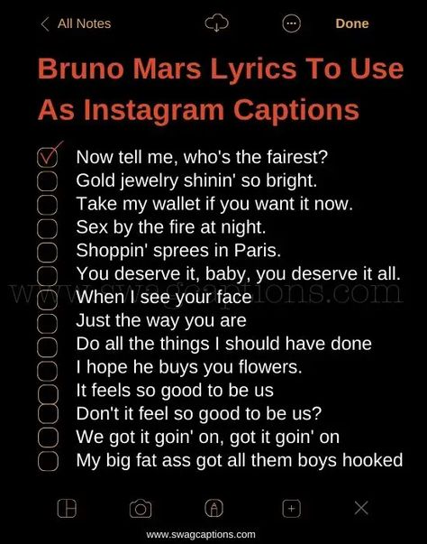 Bruno Mars Lyrics To Use As Your Next Instagram Caption Bruno Mars Instagram Captions, Bruno Mars Lyrics Quotes, Bruno Mars Wallpaper Iphone, Bruno Mars Cute, Bruno Mars Songs Lyrics, Drake Instagram Captions, Drake Lyrics Captions, Song Lyrics Drake, Concert Captions For Instagram