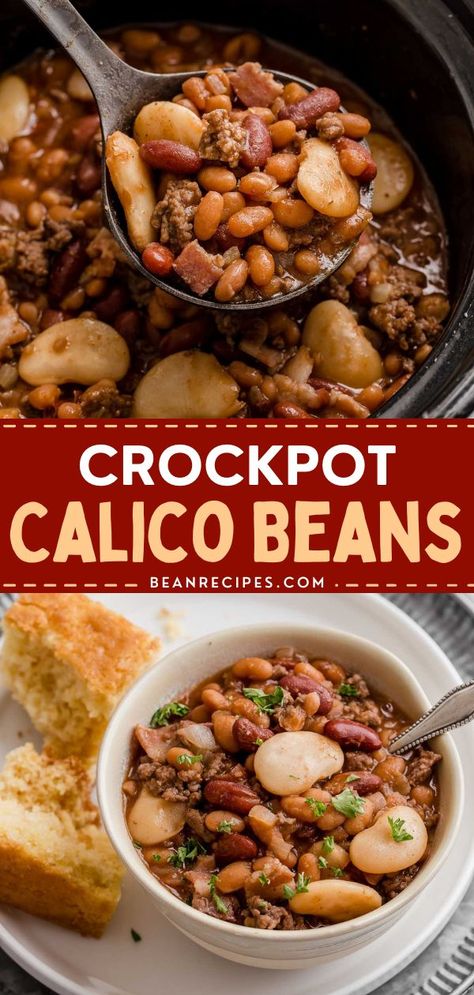 Calico beans in the slow cooker will be your go to baked bean recipe! It is a mix of 3 different beans baked with ground beef and bacon. This crockpot bean recipe is perfect for potlucks and is so easy to make! Save this pin! Crockpot Bean Casserole, Cosmic Beans Recipe, Beans And Meat In Crockpot, Crock Pot Beans With Bacon, Seven Bean Casserole, Healthy Bean Crockpot Recipes, Dry Bean Recipes Crock Pots, Essen, Crockpot Calico Beans Recipe