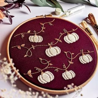 TalesFromTheHoop - Etsy Canada Pumpkins Embroidery, Spring Embroidery, Halloween Craft Projects, Burgundy Fabric, Digital Embroidery Patterns, Wall Art Crafts, Hand Embroidery Kits, Autumn Inspired, Perfect Thanksgiving