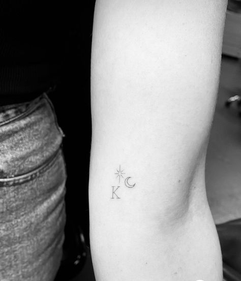 Initial And Star Tattoo, Initial Tattoo With Star, Star With Initials Tattoo, Star Tattoos With Initials, Tattoo Name Initials, Star Initial Tattoo, Moon Tattoo With Initials, Small C Tattoo, Star Tattoo With Initials