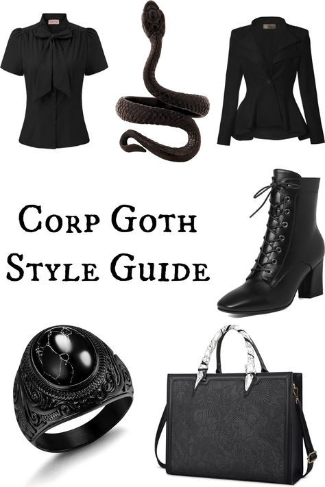 The grown up goth's answer to the corporate work force: corp goth. Elevate key office outfit components - think blazers, pencil skirts and trousers - by mixing in your spooky style. Soft Goth Work Outfits, Goth Trousers Outfit, Business Casual For Goths, Corporate Witch Outfit, Amazon Goth Clothes, Morticia Adams Inspired Outfit, Edgy Capsule Wardrobe 2024, Black Server Outfit, Corporate Goth Outfits Summer