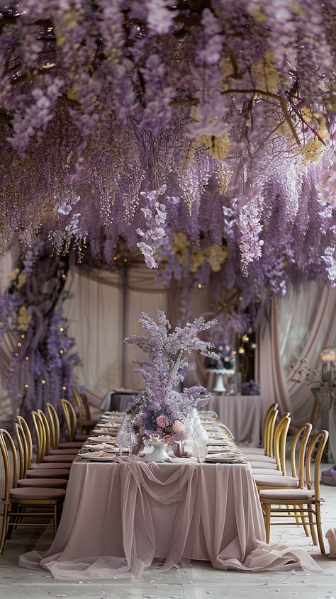 Elegant lavender dreamscape: Dive into a floral fantasy with cascading wisterias for a wedding reception that feels like a fairy tale. Enchanted Garden Wedding Reception, Lavender Accent Wedding, Whimsical Lavender Wedding, Fantasy Table Setting, Lavender Reception Decorations, Fantasy Wedding Ideas Fairytale, Tangled Wedding Theme Receptions, Whimsical Wedding Ceremony Decor, Wisteria Wedding Theme