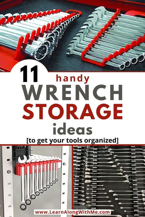 Do you hate when you can't find a wrench? Check out these 11 handy Wrench Storage Ideas to help you organize and store your wrenches in your garage, workshop or toolbox. 
We look at some options for hanging wrenches using a magnetic holder or a pegboard. We look at some various wrench organization ideas using toolbox trays and organizers. 

Plus I share a very simple DIY wrench storage idea that I made in about 2 minutes. (It isn't pretty but it works.)
#garageorganization  #workshoporganization Baseball Hat Storage Ideas, Wrench Organization, Toolbox Socket Organizer, Hat Storage Ideas, Shop Tool Boxes, Baseball Hat Storage, Tool Organization Diy, Wrench Storage, Wrench Organizer