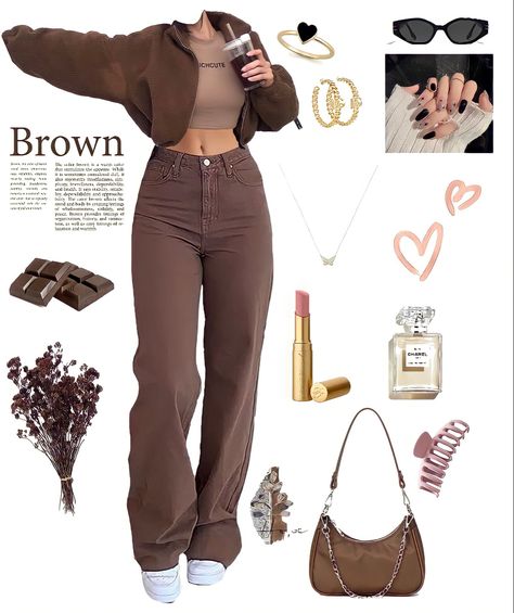 One Color Outfits Baddie, Brown Aesthetic Winter Outfit, Brown Closet Aesthetic, Brown Aesthetic Dress Outfit, Outfits With Brown Pants Aesthetic, Colours To Wear With Brown, Chocolate Jeans Outfit, Brown Minimalist Outfit, Brown Jeans Winter Outfit