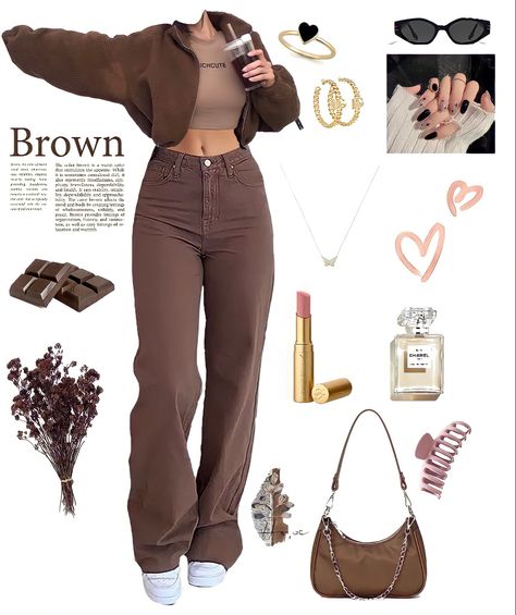 One Color Outfits Baddie, Brown Aesthetic Dress Outfit, Outfits With Brown Pants Aesthetic, Brown Aesthetic Winter Outfit, Brown Closet Aesthetic, Brown Jeans Winter Outfit, Chocolate Jeans Outfit, Different Shades Of Brown Outfit Ideas, Cocoa Brown Outfit