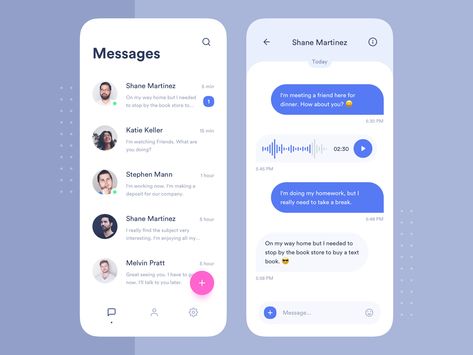 Messenger voice navigation blue user users floating button application minimal ios attachment message contacts messeger interface mobile clean design app ux ui Android App Design, Messenger Voice, Mobile Chat App, Handbook Design, Ui Design Mobile, Whatsapp Plus, Desain Ui, Web Design Mobile, Crypto Wallet