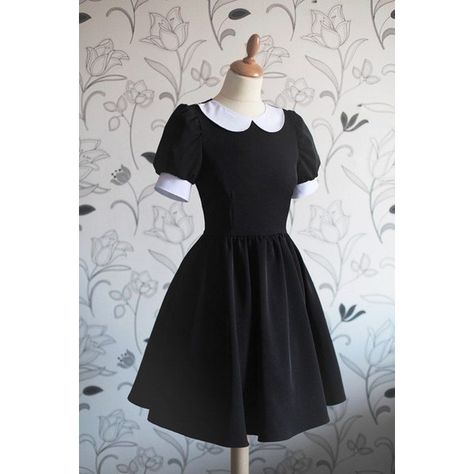 Vintage black dress with cute white collar, Wednesday Addams... ❤ liked on Polyvore featuring dresses, vintage day dress, kohl dresses, vintage black dress, black dress and black day dress Black Peter Pan Collar Dress, Wednesday Inspired Dress, Wednesday Addams Clothes, Black Dress Puffy Sleeves, Black Dress Wednesday, Wednesday Black Dress, Wednesday Clothing, Wednesday Shoes, Wednesday Clothes