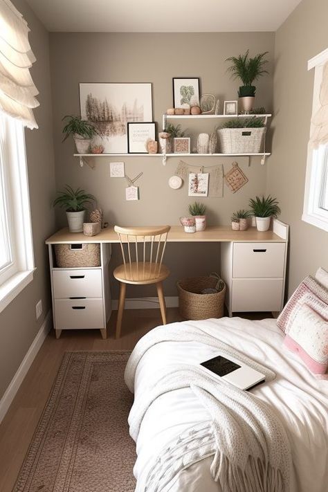 Living in a small space, especially a bedroom, can feel like a constant battle against clutter and a lack of room. Modern Bedrooms Small, Small Bedroom Ideas Plants, Study Room Inspo Aesthetic, Bedroom Ideas Girl Aesthetic, Small Room Clean Aesthetic, Student Bedroom Ideas University, How To Organize Your Room Bedrooms Small Spaces Ideas, Craft Room Spare Bedroom Combo, Aesthetic Room Designs For Teens