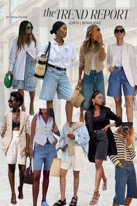 Trend Report : Bermuda Shorts | Jorts Outfit Trendy Denim Shorts, Summer Holiday Street Style, High Waisted Bermuda Shorts, Bermuda Jeans Shorts Outfit, Style Bermuda Shorts Women, Jean Bermuda Shorts Outfit Street Styles, How To Style Denim Bermuda Shorts, Summer 2024 Shorts Outfit, Casual Outfit Summer 2024