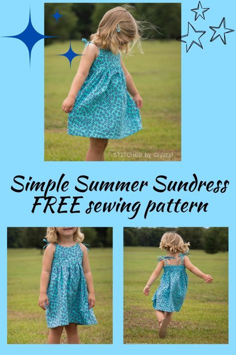 Simple Summer Sundress FREE sewing pattern (Sizes 2 to 6). This little dress is a really quick and easy sew. It features a slightly curved V neckline in the front, and an elastic back with straps that tie at the shoulders. The skirt is not too full and it hits right about the knee. It is easy to throw on and perfect for summer play! SewModernKids Couture, Toddler Dress Pattern Free Sewing, Free Toddler Dress Pattern, Free Toddler Sewing Patterns, Toddler Dress Pattern Free, Girls Summer Dress Pattern, Summer Dress Patterns Free, Easy Girls Dress, Girls Dress Pattern Free