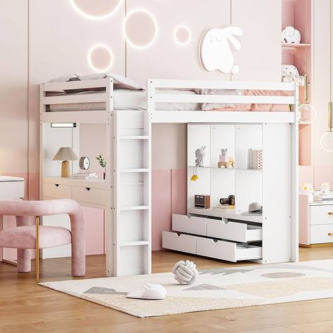 Amazon.com: Full Size Loft Bed with Desk and LED Light, Wood Loft Bed Frame with Storage Shelves and Drawers for Adults Kids Boys Girls, White : Home & Kitchen Full Size Loft Bed, Full Size Loft, Bed With Wardrobe, Loft Bed With Desk, Loft Bed Frame, Twin Size Loft Bed, Bed With Desk, Large Shelves, Beds And Headboards