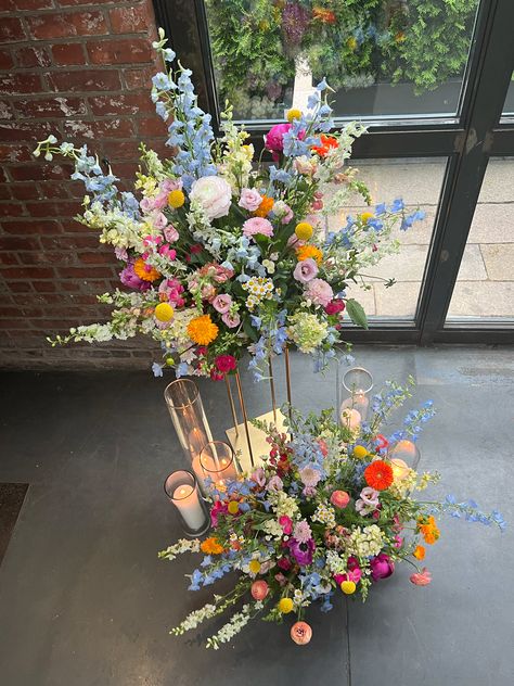 Colorful Flower Garland, Wild Flower Bouquet Wedding Wildflowers Wildflower Centerpieces, Colorful Floral Centerpieces Wedding, Wedding Wild Flowers Centerpieces, Backyard Wedding Whimsical, Floral Wedding Photo Backdrop, Spring Flowers Wedding Centerpieces, Wildflower Altar Arrangement, Multicolor Flower Wedding