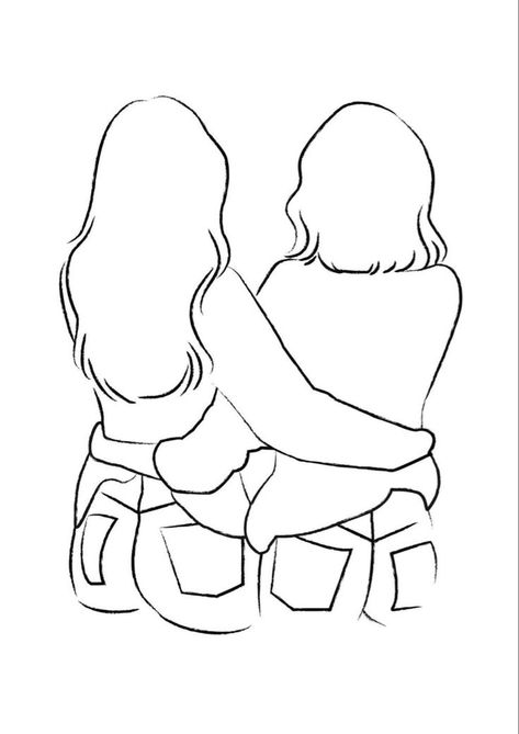 Besties Drawing Best Friends, Two Besties Drawing, Best Friend Drawing Sketches, Friend Painting Ideas, Best Friend Sketches, Best Friend Canvas, Hugging Drawing, Girl Outlines, Sisters Drawing