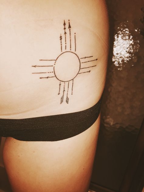 Zia Symbol on hips #tattoos #zia #NM #newmexico #hiptattoo #women #arrowtattoo Zia Sun Symbol Tattoo, New Mexico Symbol Tattoo, New Mexico Zia Symbol Tattoo, Native American Sun Tattoo, Zia Symbol Tattoo Women, Western Sun Tattoo, Tattoos For Women Native American, Zia Tattoo New Mexico, New Mexico Tattoos