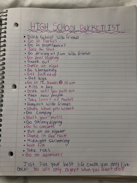 Bucket List Ideas High School, High School Bucket List Ideas Freshman, High School Cliques Aesthetic, High School Bucket List Freshman, Teenage Bucket Lists High Schools, Freshmen Year Bucket List, Senior To Do List High Schools, Sophmore Year Bucketlist, Things To Do At The End Of School