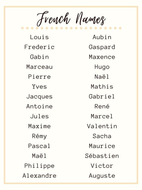 Some French origin and French variation names. Do you have a French name? Share it in the comments! Here is the website to popular French names through the decades: https://www.insee.fr/fr/statistiques/3532172 French Names, French Last Names, French Boys Names, Last Names For Characters, French Name, French Baby Names, Best Character Names, Through The Decades, Fantasy Names