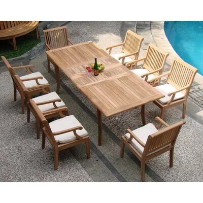 Modern Outdoor Dining Set, Table Umbrella, Sunbrella Cushions, Teak Table, Teak Outdoor, Rectangle Table, Arm Chairs, Patio Dining Set, Fabric Seat