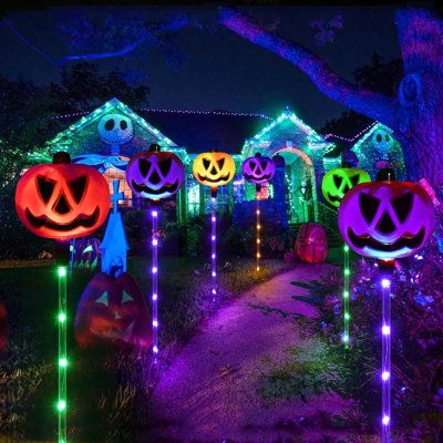 Set of 6 Transparent Tube Sticks with Built-in LEDs, Amount of Colorful Lights, Brighter and More Brilliant, So Cute for Outdoor Halloween Yard Decorations. | The Holiday Aisle® Set Of 6 Solar Pumpkin Pathway Lights For Halloween Decorations Outdoor, Color Changing Outdoor Halloween Lights | Wayfair Outdoor Halloween Lights, Kids Halloween Party Decorations, Halloween Lighting Outdoor, Halloween Window Clings, Fall Harvest Decorations, Halloween Yard Art, Halloween Window Decorations, Halloween Lawn, Light Up Pumpkins