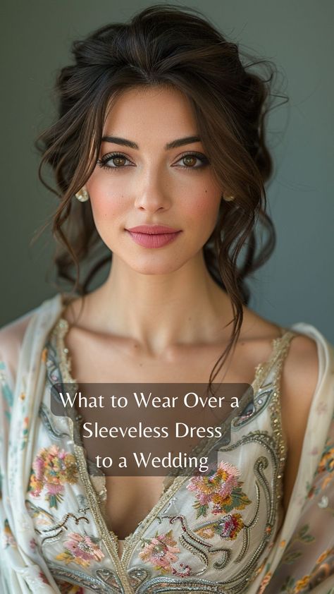 Beautiful woman wearing a shawl over a sleeveless dress to a wedding Bridesmaid Dress Coverup Ideas, Slip Dress With Blazer Wedding, Shawl For Strapless Dress, Fall Wedding Guest Dress With Cardigan, Jacket For Formal Dress For Women, Shawl For Dress Formal, Blazer With Dress Wedding Guest, Fall Wedding Guest Shawl, Cover For Sleeveless Dress