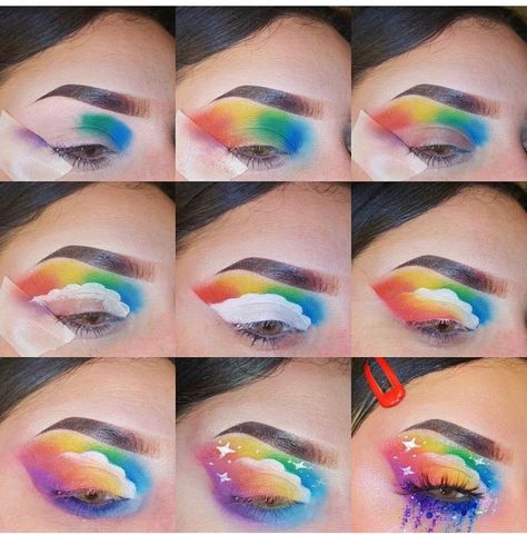 Eyeshadow Art Creative, Rainbow Eyeshadow Tutorial, Rainbow Eyeshadow Looks Step By Step, Pride Eyeshadow Looks, Rainbow Make Up, Rainbow Face Makeup, Pride Make Up, Rainbow Eyeshadow Looks, Pride Eyeshadow