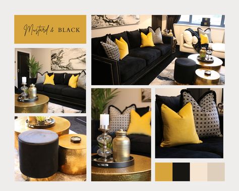 Mustard & Black living room moodboard. Yellow Black Grey Living Room, Black Mustard Living Room, Grey Black And Yellow Living Room Ideas, Black Yellow And Grey Living Room, Yellow And Black Living Room Ideas, White Living Room Black Sofa, Black White And Mustard Living Room, Yellow And Black Decor, Mustard And Black Living Room