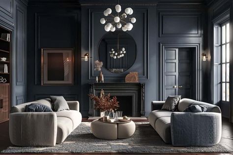 25 Moody Living Rooms You'll Love Moody Living Room With Wallpaper, Moody Living Room Vaulted Ceiling, Moody Living Room Gray Couch, Moody Living Room With White Couch, Moody Blue Room, Moody Sitting Room Ideas, Vintage Moody Living Room, Blue Gray Walls Living Room, Moody Cozy Living Room
