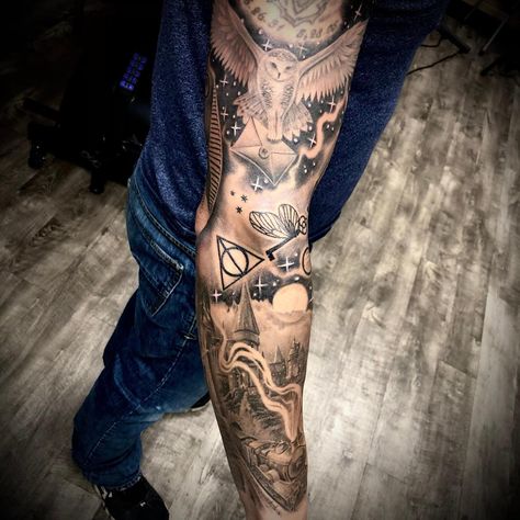 Harry Potter Sleeve Tattoo, Tattoo Sleeves For Women, Harry Potter Sleeve, Sleeve Tattoo For Women, Harry Potter Tattoo Sleeve, Hogwarts Tattoo, Harry Tattoos, Tattoo Sleeve Ideas, Hp Tattoo