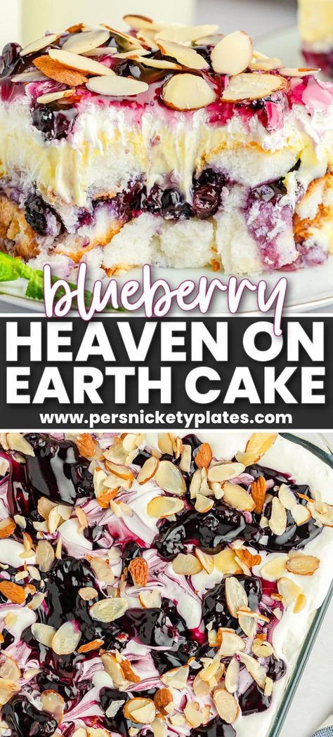 Light, sweet and delicious blueberry heaven on earth cake is a no-bake dessert made with angel food cake, blueberry pie filling, and vanilla pudding. It’s quick to make and so soft and creamy. Quite literally heaven on earth! Pie, Heaven And Hell Cake, Blueberry Heaven On Earth Cake, Angel Food Cake Ideas, Angel Food Cake Toppings, Blueberry Desert, Blueberry Deserts, Blackberry Desserts, Heaven On Earth Cake